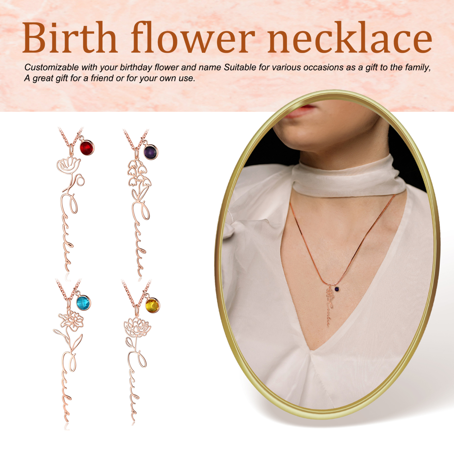 Collana 925 Argento Fiore elegante con 1 pietra di nascita e 1 nome e 1 fiore di nascita personalizzabili per donna