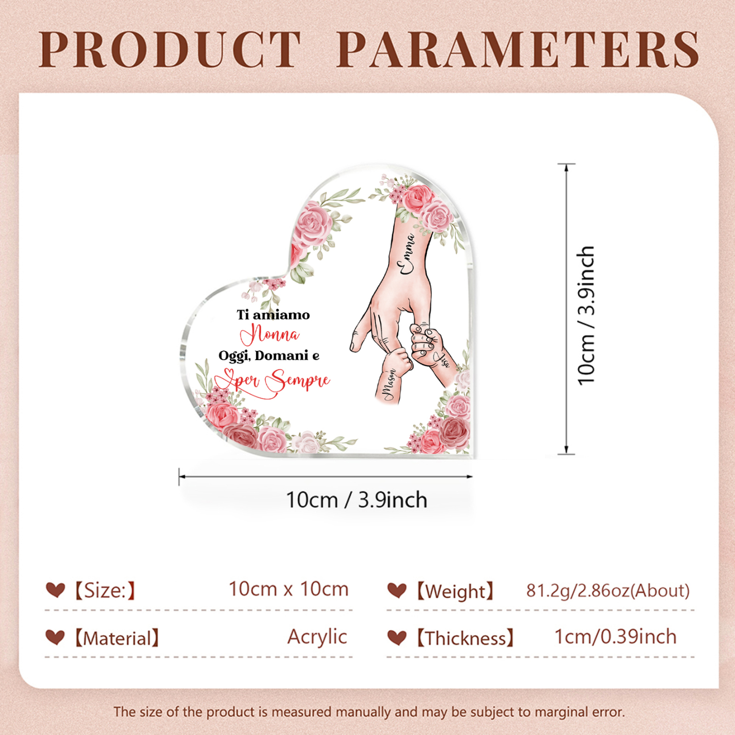 Decorazione Acrilica a Forma di Cuore Mano nella Mano Personalizzata – 3 Nomi e Testo per Nonna o Mamma | Jessemade