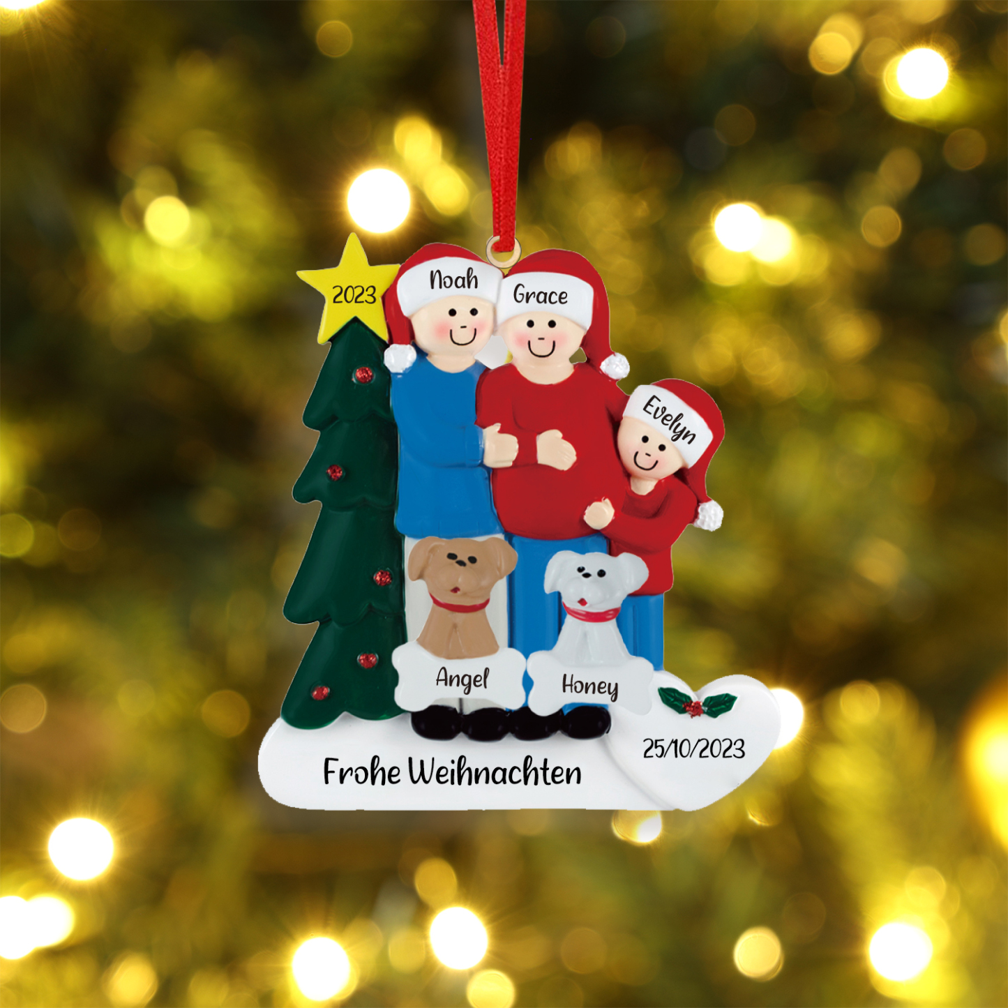 Ciondolo Familiare 2023 per albero di Natale 3 nomi e 2 cani personalizzabili