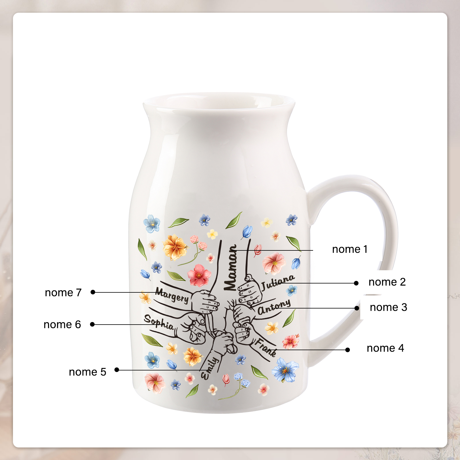 Vaso di ceramica con mano nella mano 7 nomi personalizzati per nonna/mamma