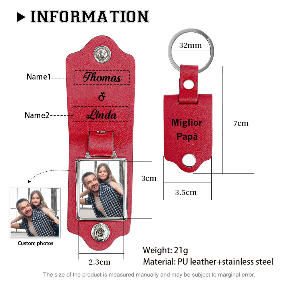 Portachiavi Pelle 1 foto e 2 nomi personalizzabili regalo per Papà