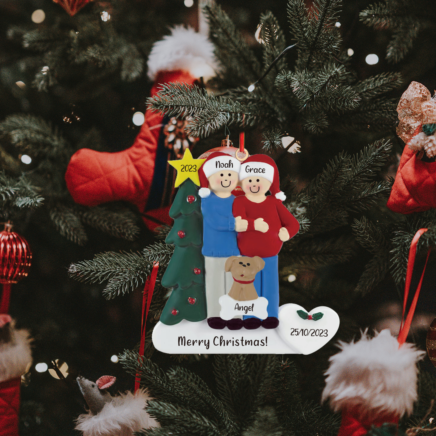 Ciondolo Familiare 2023 per albero di Natale 2 nomi e 1 cane personalizzabili