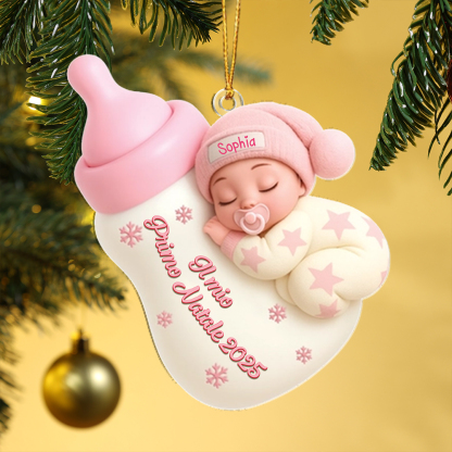 Decorazione per albero di Natale con neonato che dorme con il biberon, regalo per il primo Natale del bebè