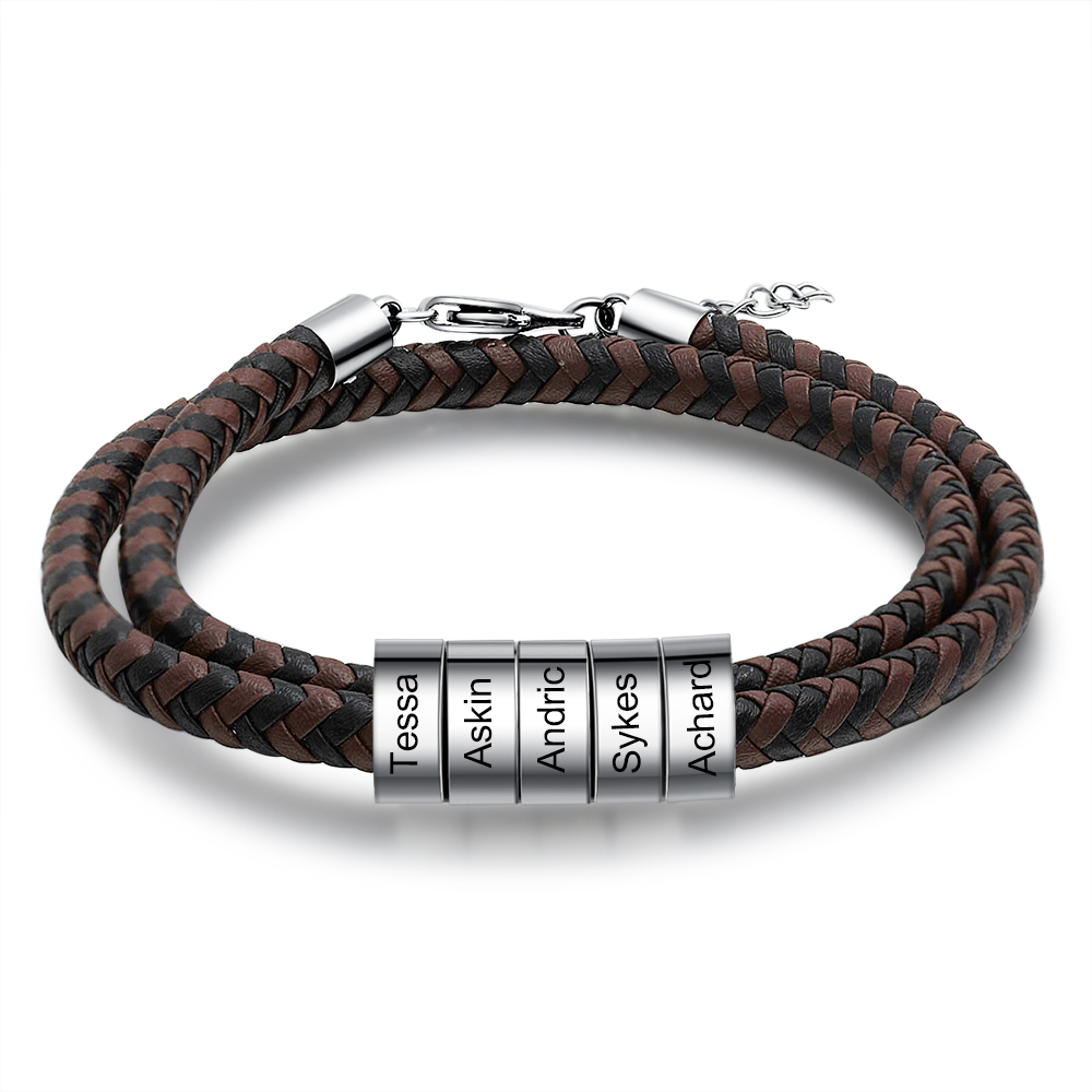 Bracciale in Pelle Intrecciata Personalizzato – Incisione 5 Nomi – Regalo Speciale per Papà/Lui | Jessemade