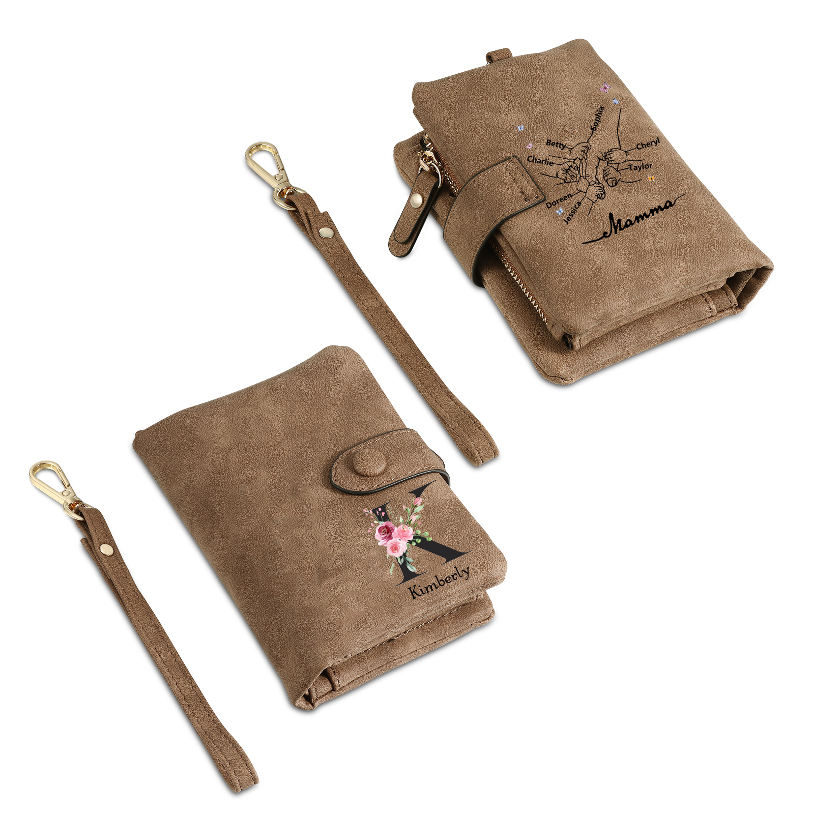 Portafoglio mano nella mano in PU pelle con 8 nomi & 1 testo & 1 lettera personalizzati per mamma