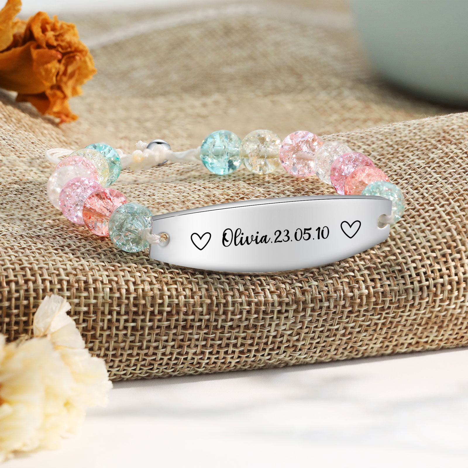 Cuore Braccialetto 1 nome e data personalizati per bambina con carta