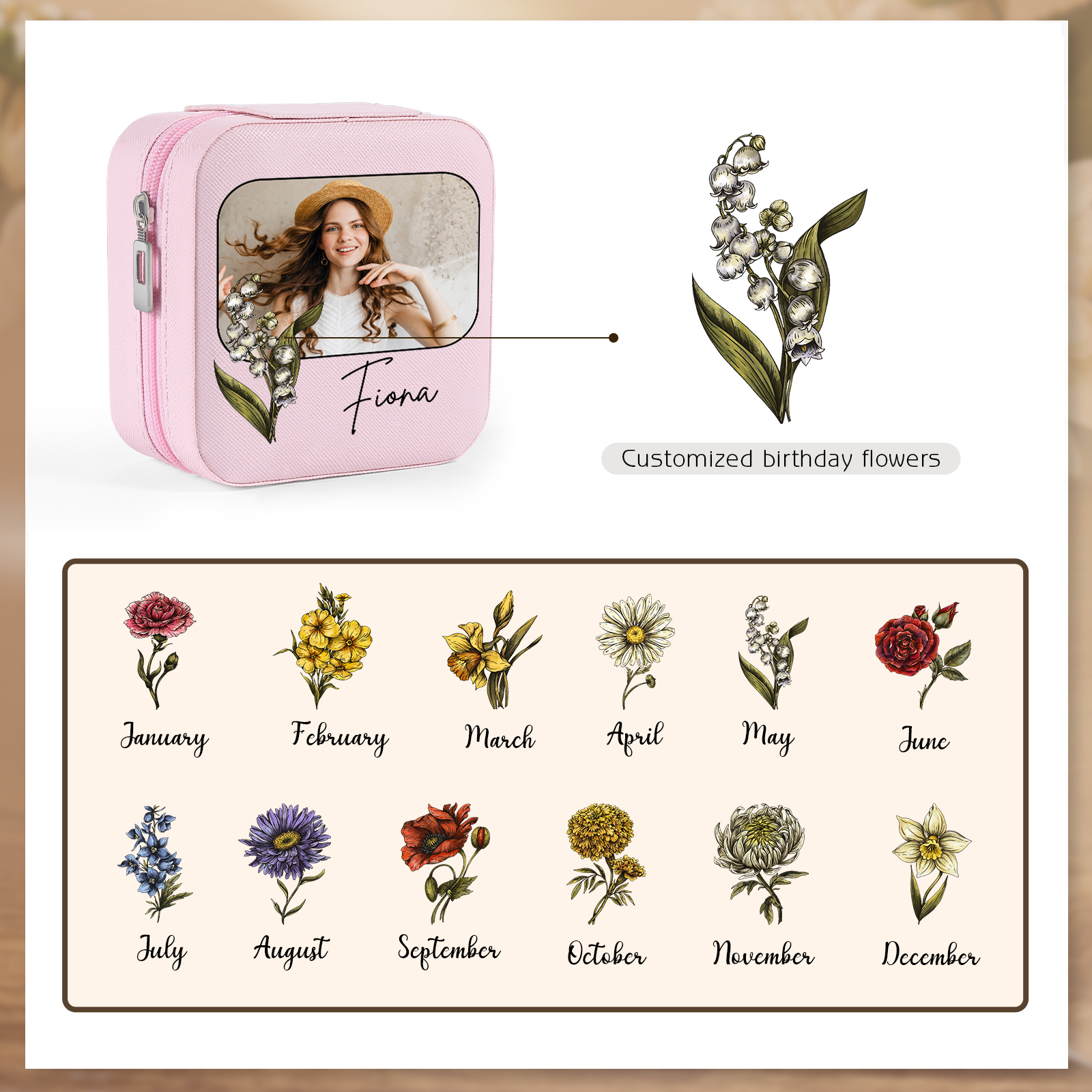Square Jewelry Storage Photo Box-Personalised 1 Name Customized Birthflower Storage Box In Various Colors
