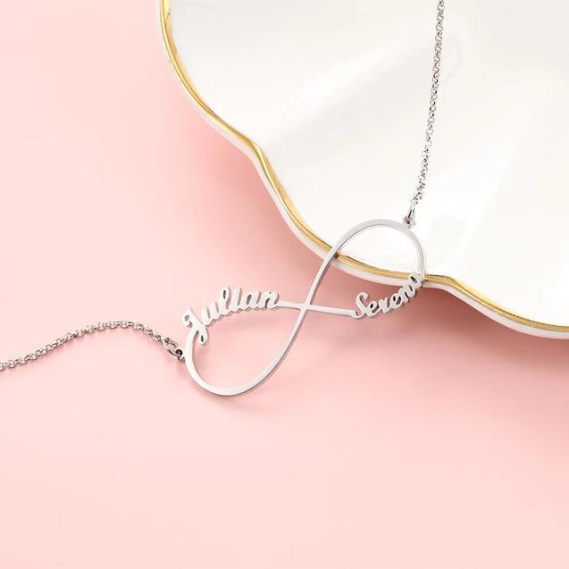 Jessemade IT Collana infinito con 2 nomi in argento 925