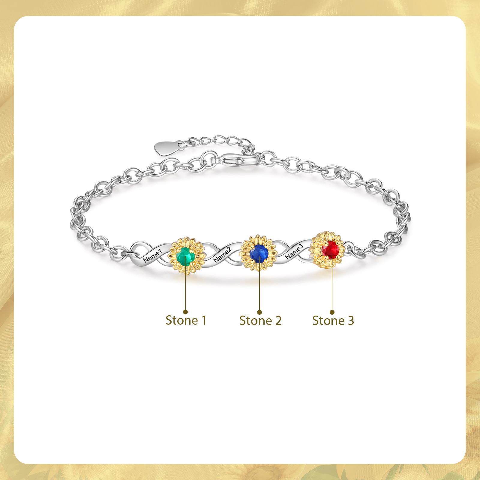Braccialetto infinito con girasole personalizzato con 3 nomi e 3 pietre di nascita per donna
