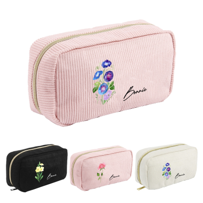 Borsa portabile per cosmetici in velluto a coste 1 nome e 1 fiore di nascita personalizzato multicolori da scegliere