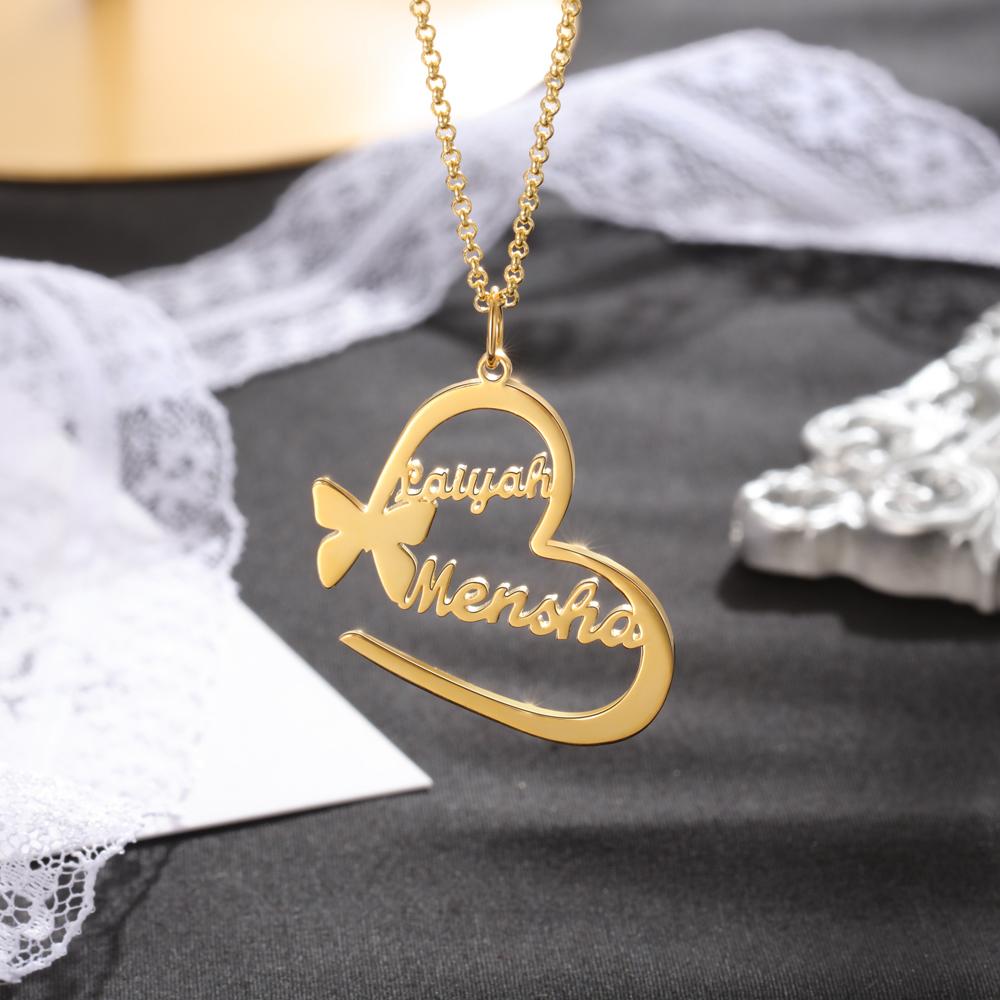 Argento s925 Collana con 2  nomi personalizzatIi e 2 nomi Farfalla