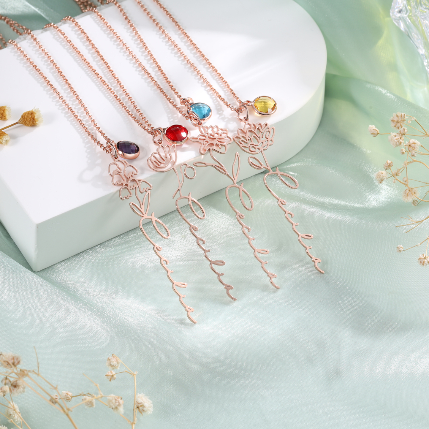 Collana 925 Argento Fiore elegante con 1 pietra di nascita e 1 nome e 1 fiore di nascita personalizzabili per donna