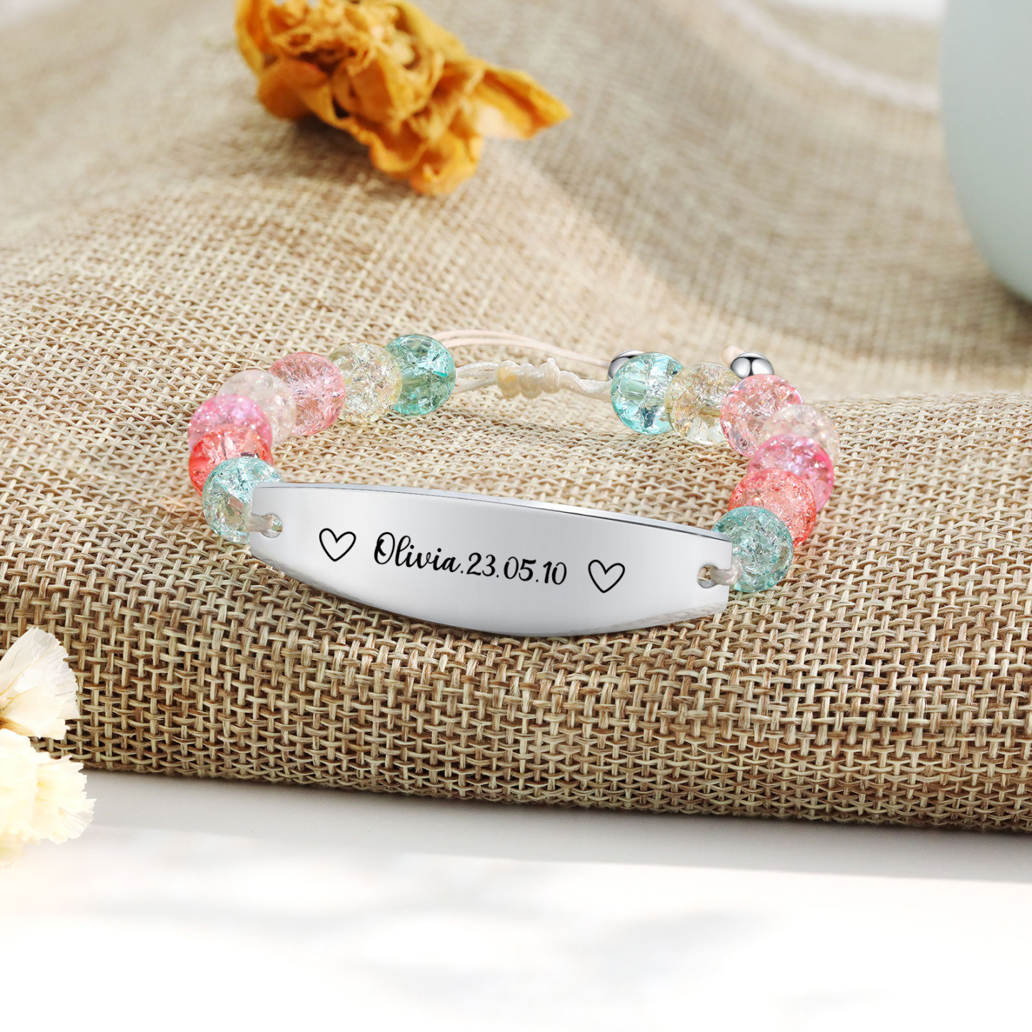 Cuore Braccialetto 1 nome e data personalizati per bambina con carta