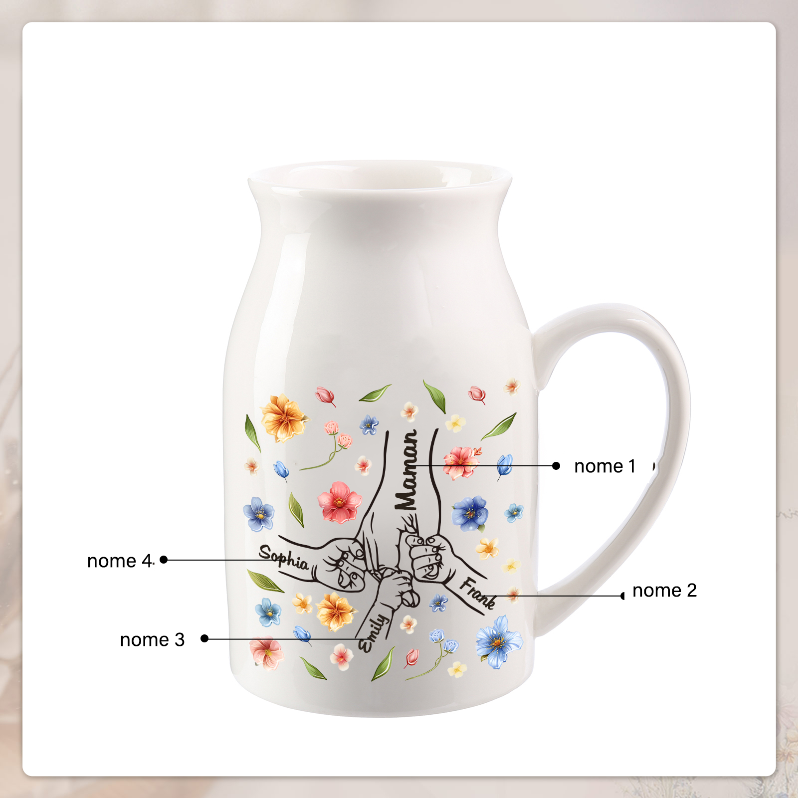 Vaso di ceramica con mano nella mano 4 nomi personalizzati per nonna/mamma