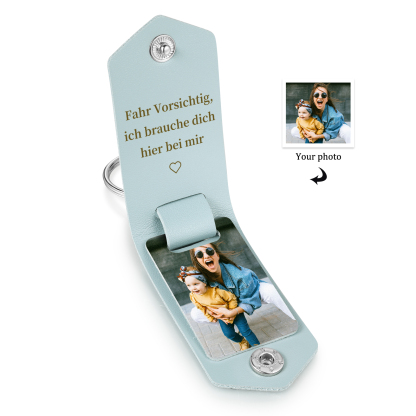Portachiavi azzurro in Pelle 1 foto e 2 testi personalizzati per mamma