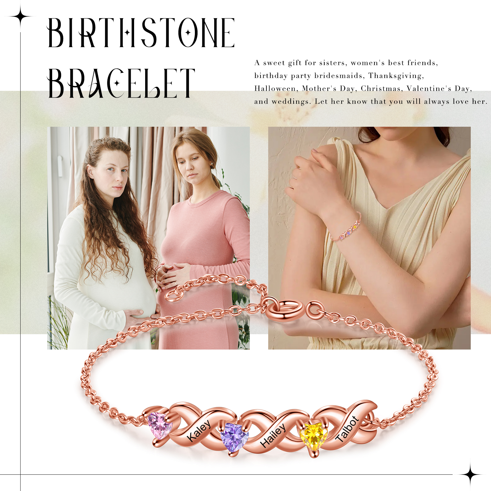 Braccialetto personalizzato con 3 nomi e 3 cuore pietre di nascita regalo per donna