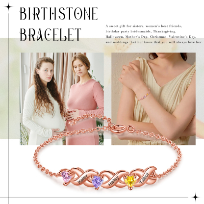 Braccialetto personalizzato con 3 nomi e 3 cuore pietre di nascita regalo per donna