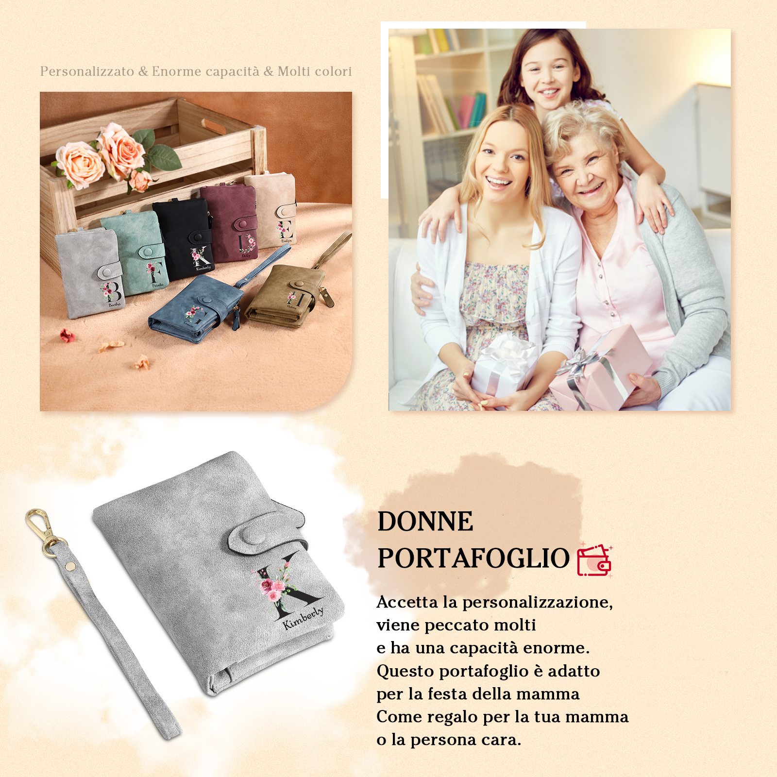 Portafoglio mano nella mano in PU pelle con 5 nomi & 1 testo & 1 lettera personalizzati per mamma