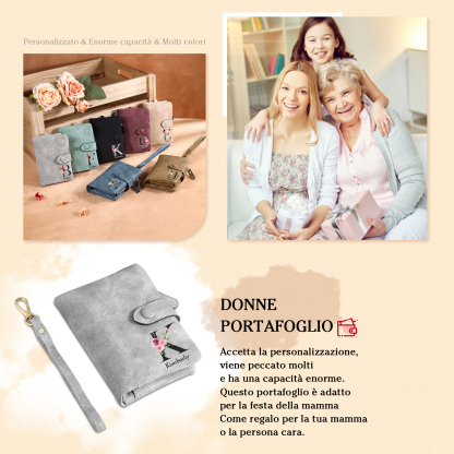 Portafoglio mano nella mano in PU pelle con 5 nomi & 1 testo & 1 lettera personalizzati per mamma