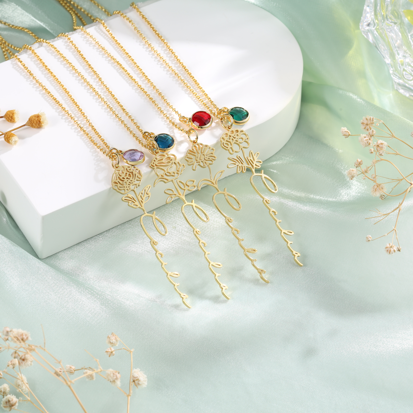 Collana 925 Argento Fiore elegante con 1 pietra di nascita e 1 nome e 1 fiore di nascita personalizzabili per donna
