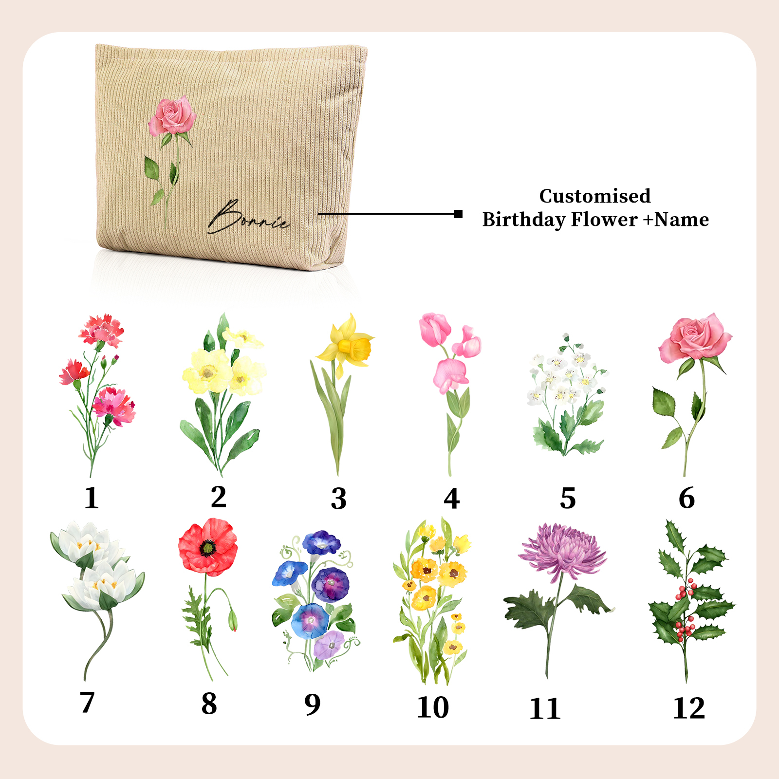 Borsa portabile per cosmetici in velluto a coste per donna 1 nome e 1 fiore di nascita personalizzato multicolori da scegliere