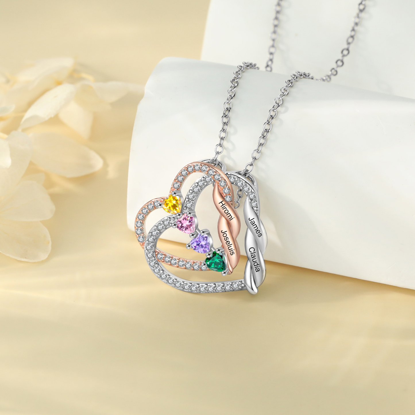 Collana Cuori intrecciati personalizzata con pietra di nascita