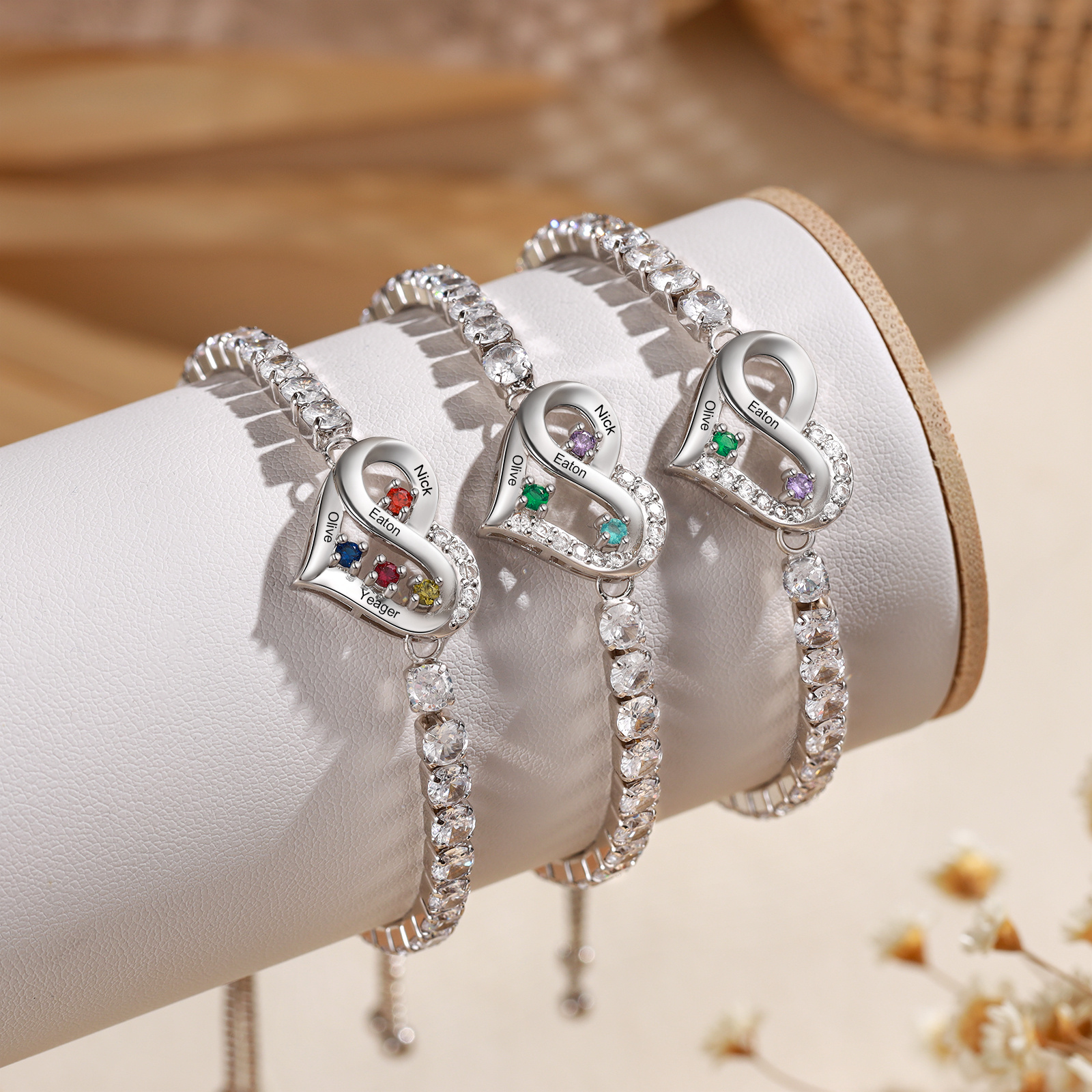 Bracciale da tennis con cuore Infinity personalizzato con 2–4 nomi e pietre di nascita