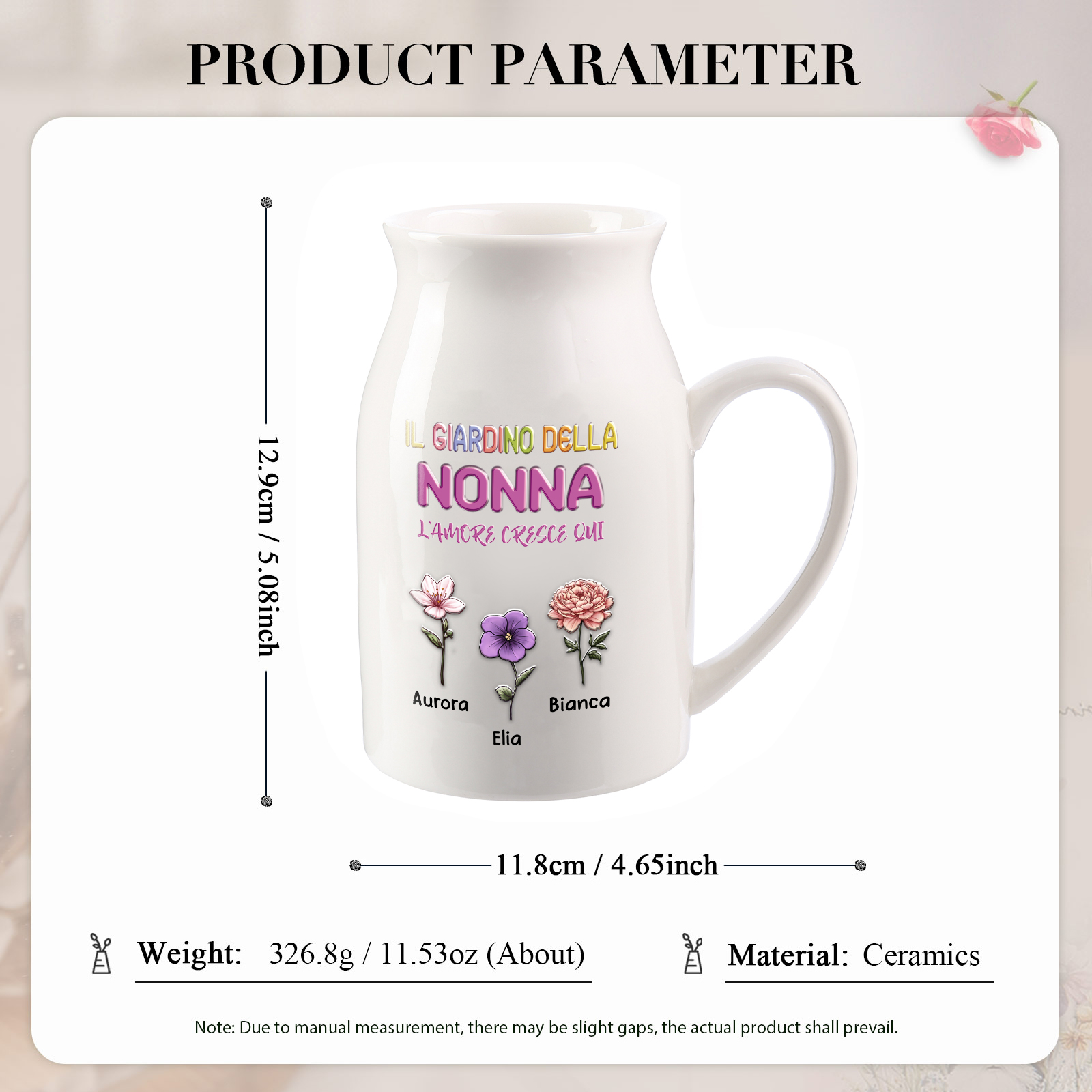 Brocca vaso in ceramica “Il Giardino della Mamma/Nonna” personalizzata con 1-10 nomi e fiori di nascita