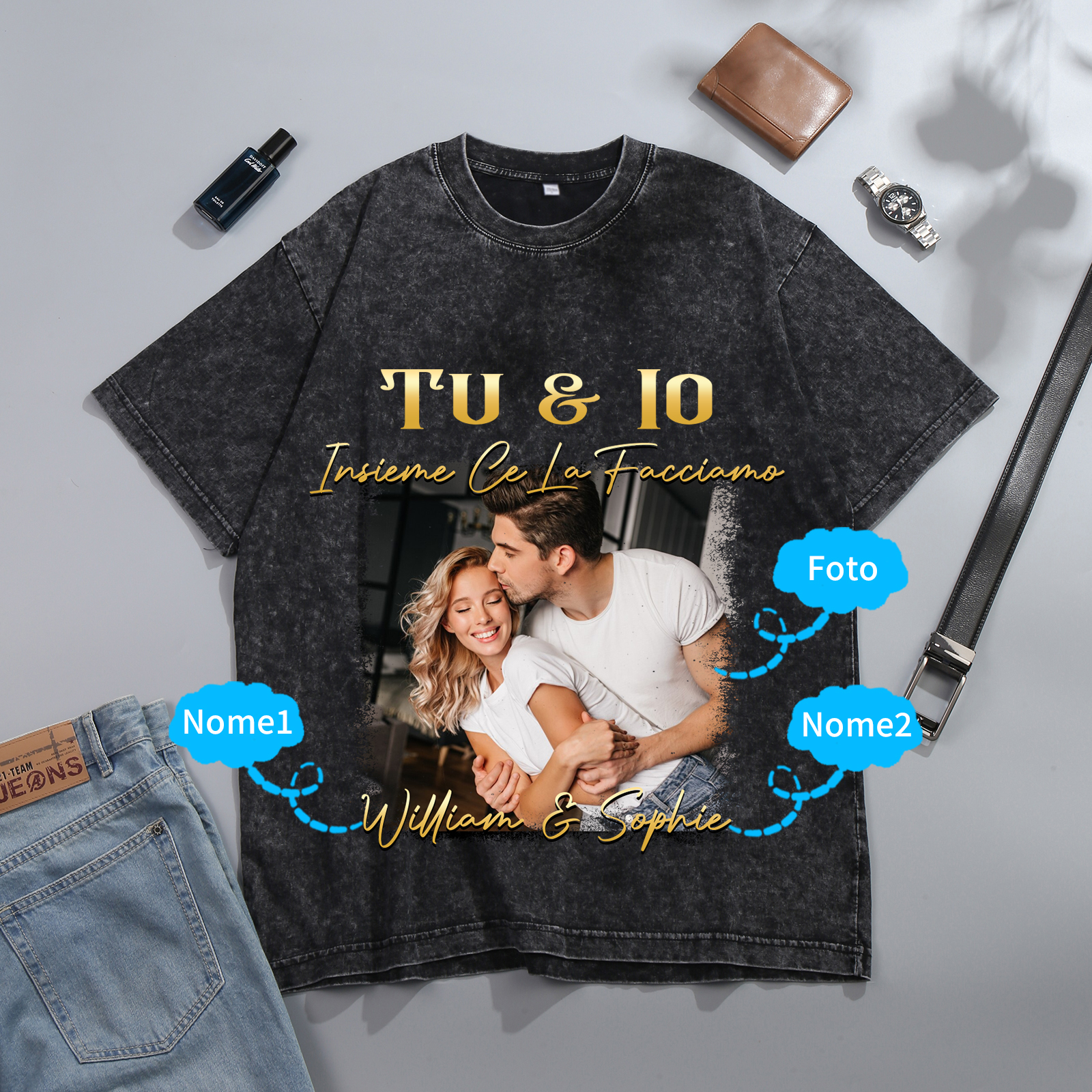 Maglietta Personalizzata per Coppie - con 2 Nomi Personalizzati e 1 Foto - "TU & IO, Insieme Ce La Facciamo" - Regalo di San Valentino per Lui/Lei | Jessemade