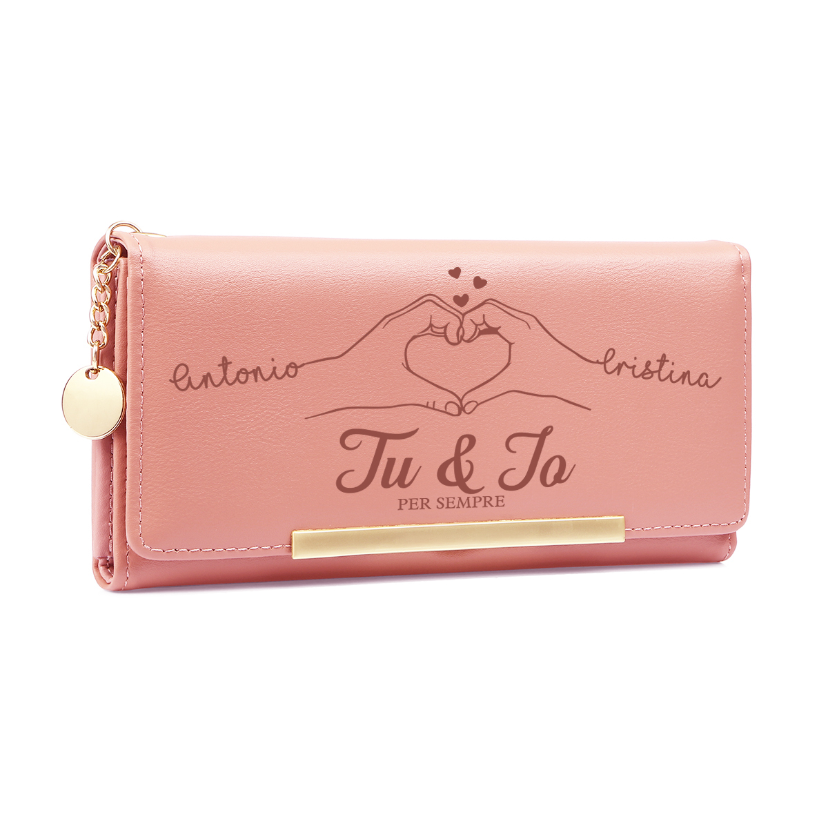 Portafoglio Rosa Personalizzato Tu & Io con Mani a Forma di Cuore per Lei