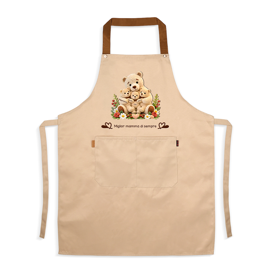Grembiule da cucina personalizzato con tasca, personalizzabile con 1–10 nomi e orso