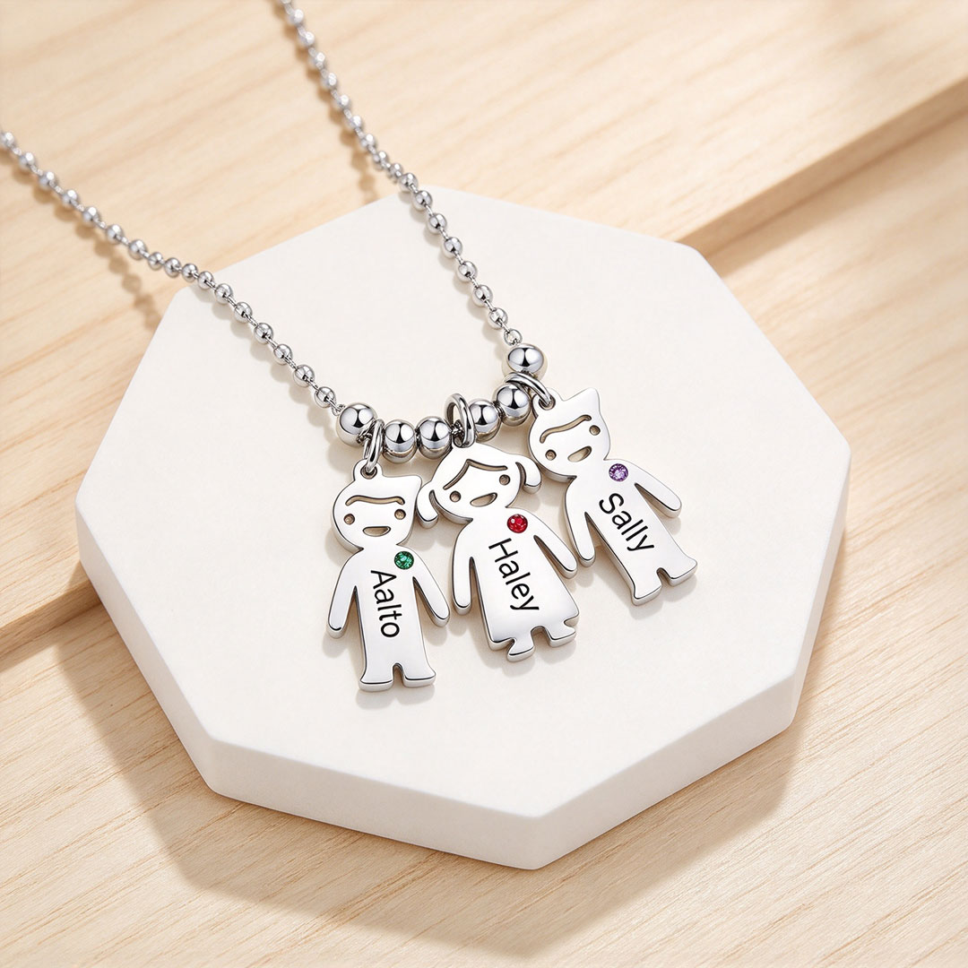 Collana personalizzata con 1–5 ciondoli bimbo/bimba e pietre di nascita regalo di famiglia per la mamma