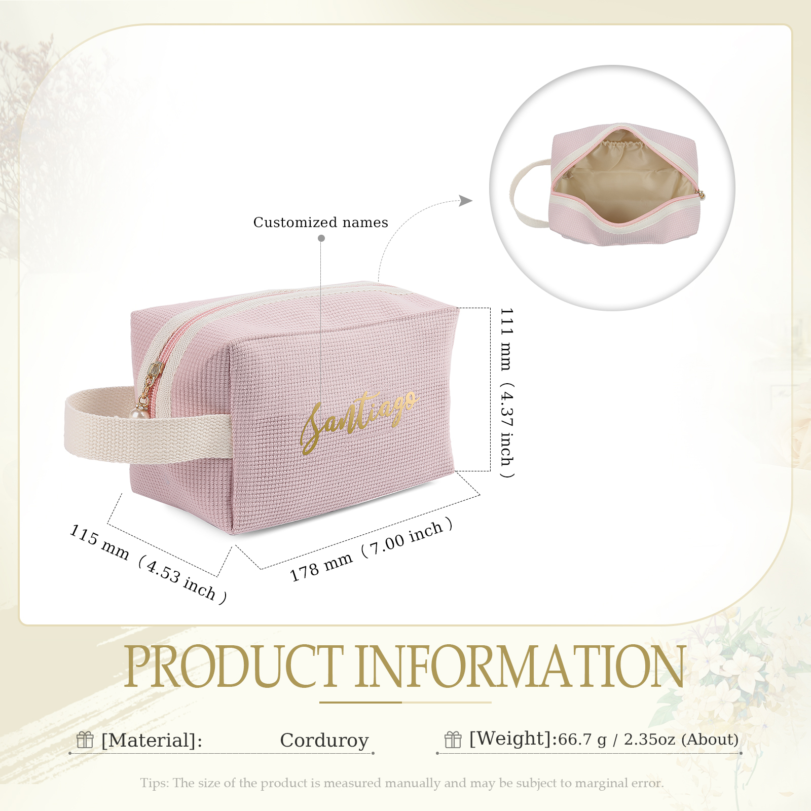 Borsa portabile per cosmetici in velluto a coste per donna 1 nome personalizzato regalo per donna