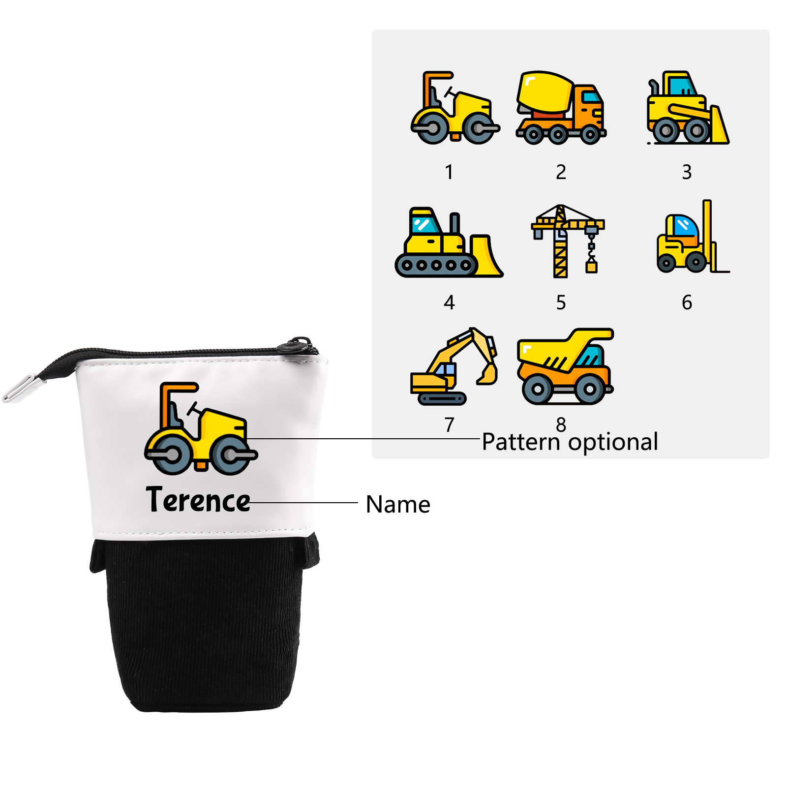 Astuccio per matite personalizzato con 1 nome e 1 veicolo da costruzione regalo per scuola elementare bambini