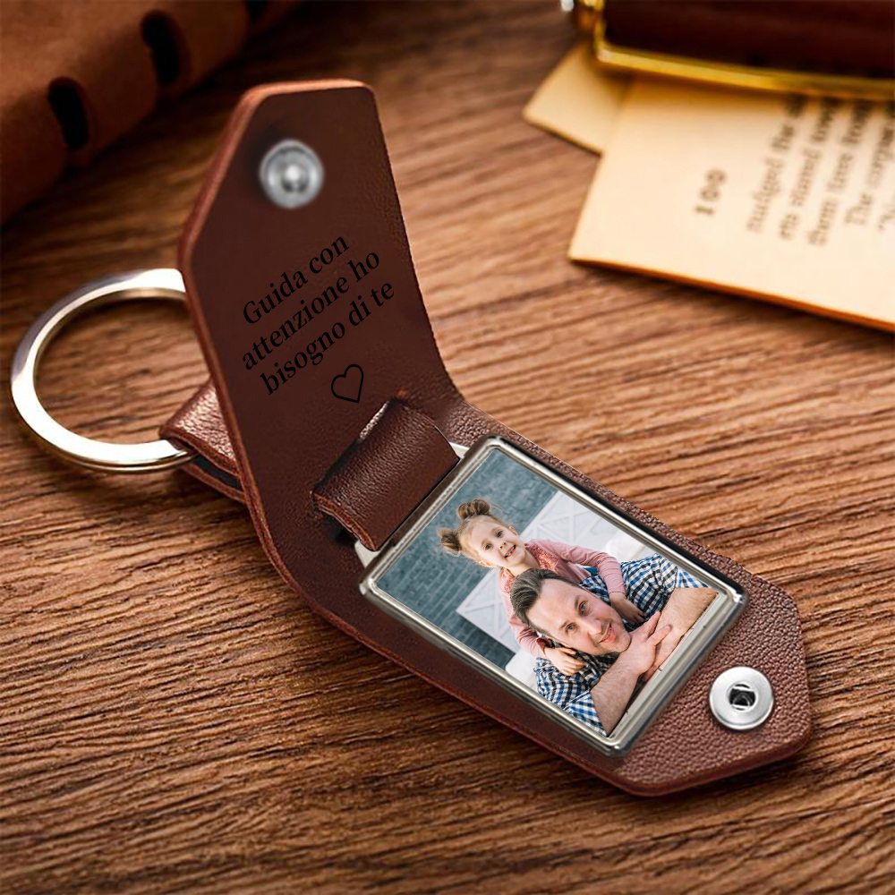 Guida con attenzione-Portachiavi Pelle 1 foto e 1 testo personalizzabili per Papà