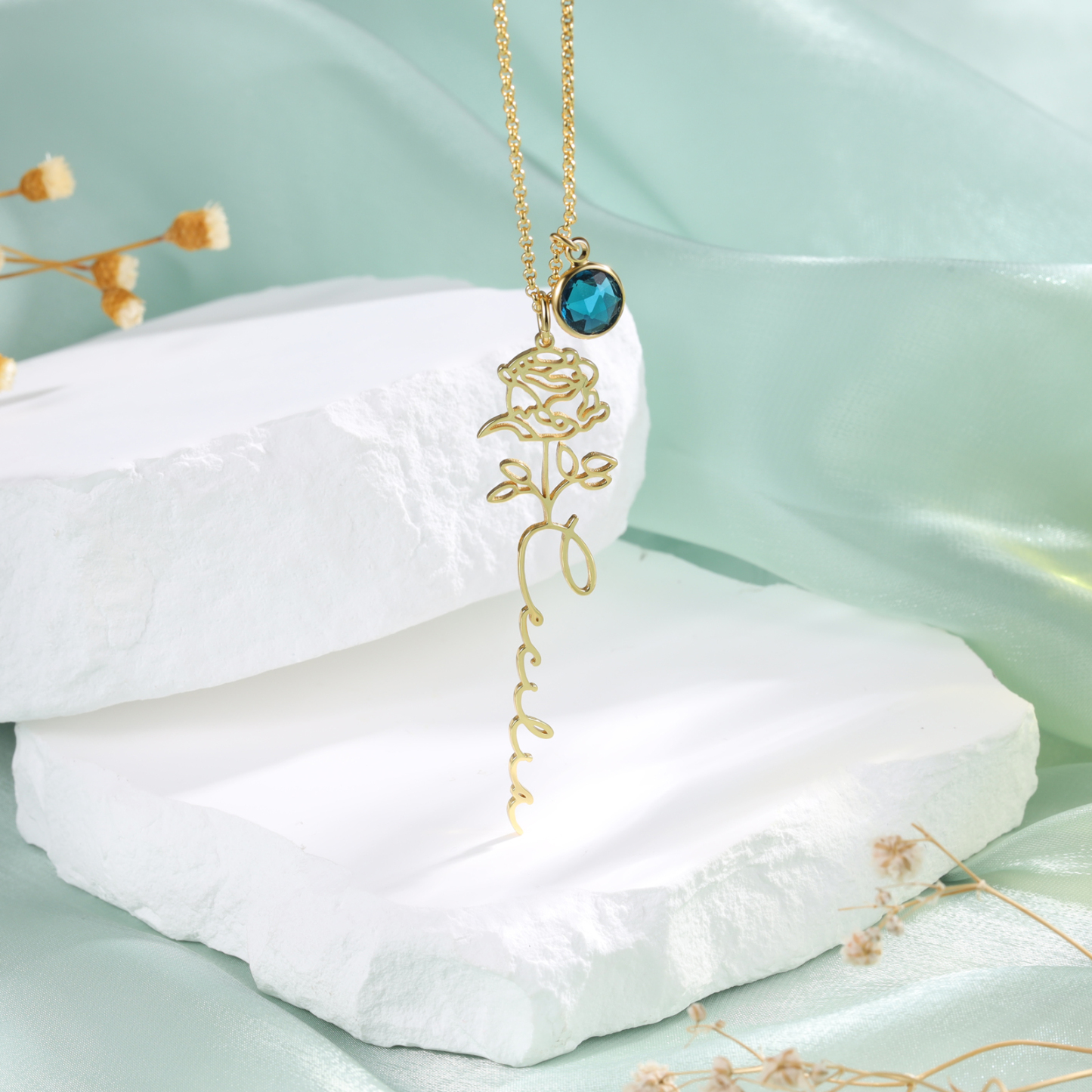Collana 925 Argento Fiore elegante con 1 pietra di nascita e 1 nome e 1 fiore di nascita personalizzabili per donna