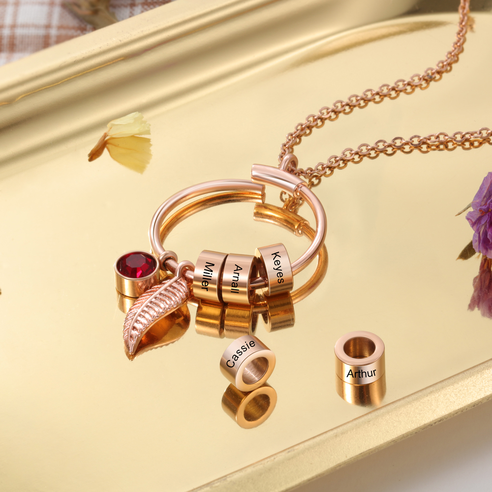 Collana con ciondolo foglia e cerchio 1 nome e 1 pietra di nascita personalizzati regalo per donna