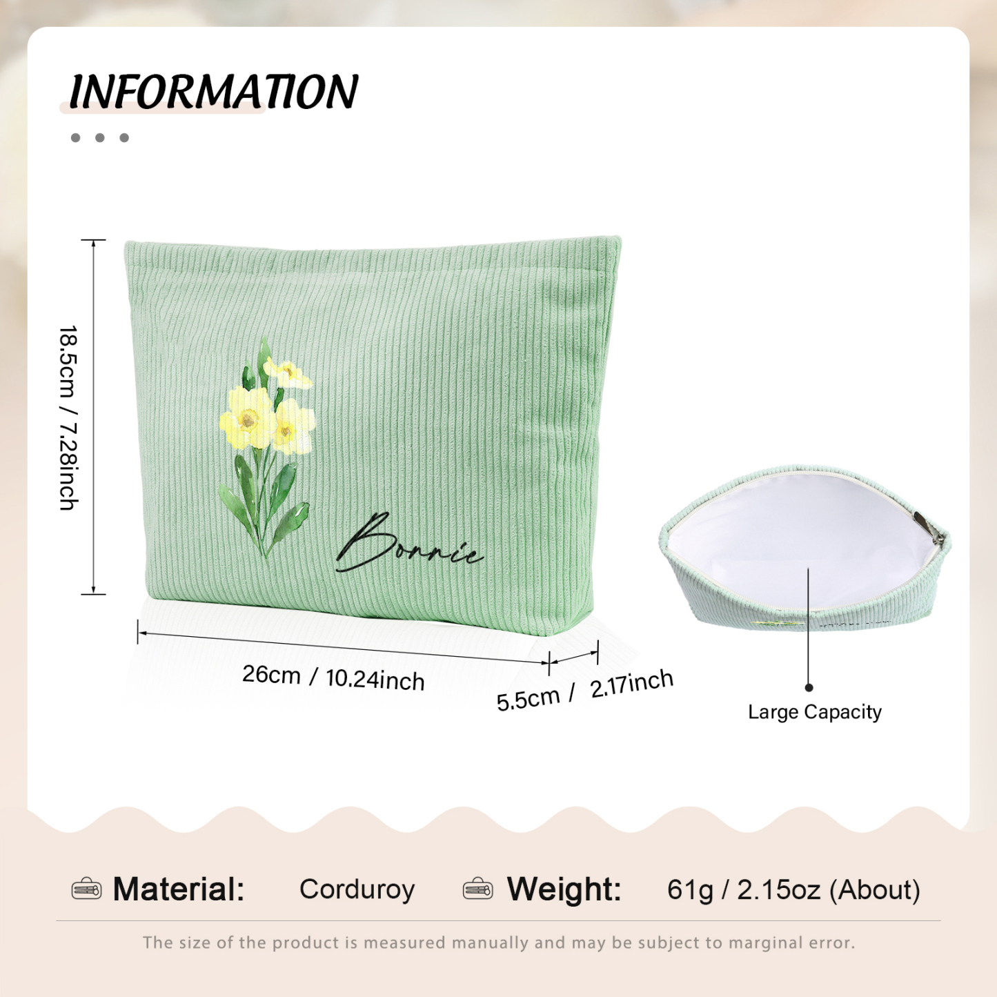 Borsa portabile per cosmetici in velluto a coste per donna 1 nome e 1 fiore di nascita personalizzato multicolori da scegliere