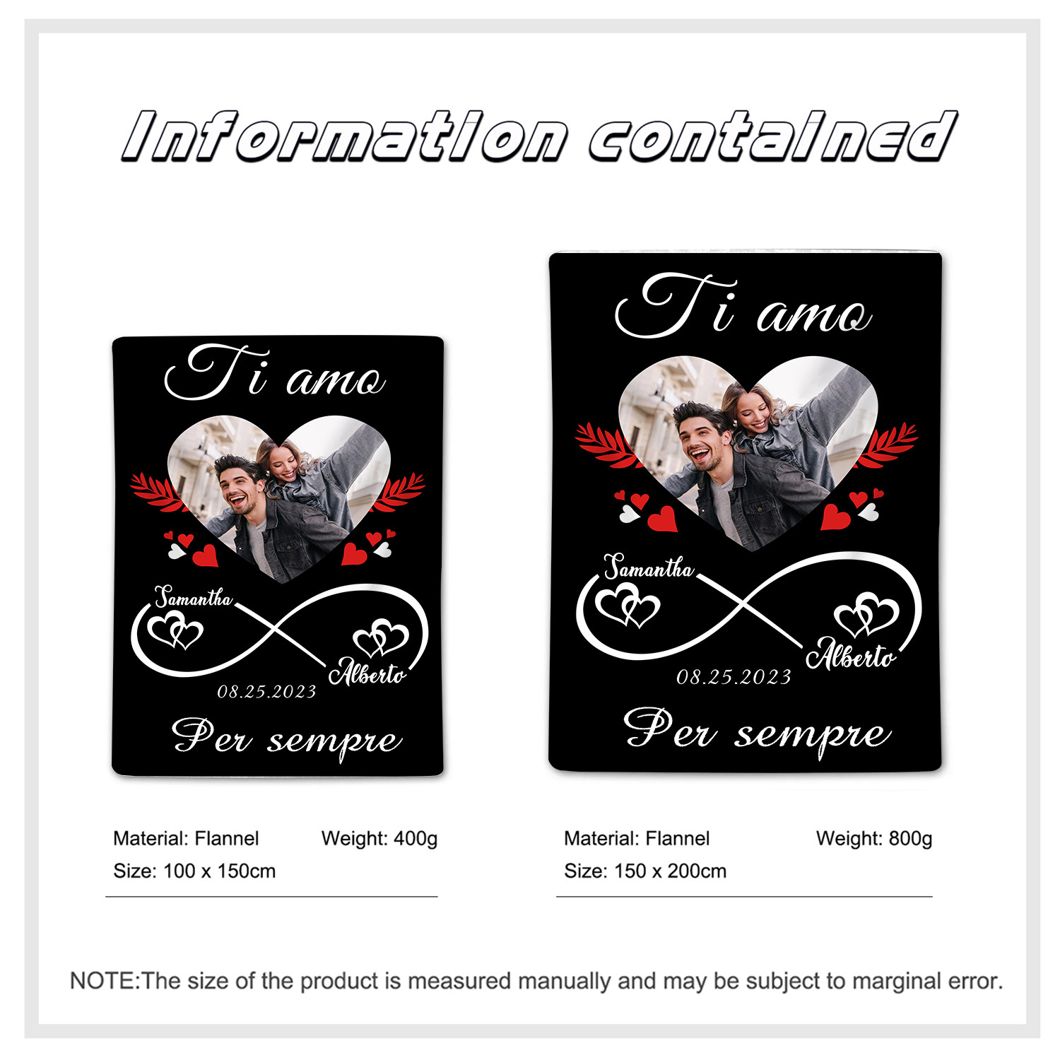 Coperta di Coppia Personalizzata con 1 Foto, 2 Nomi e 1 Data | Regali di San Valentino | Jessemade