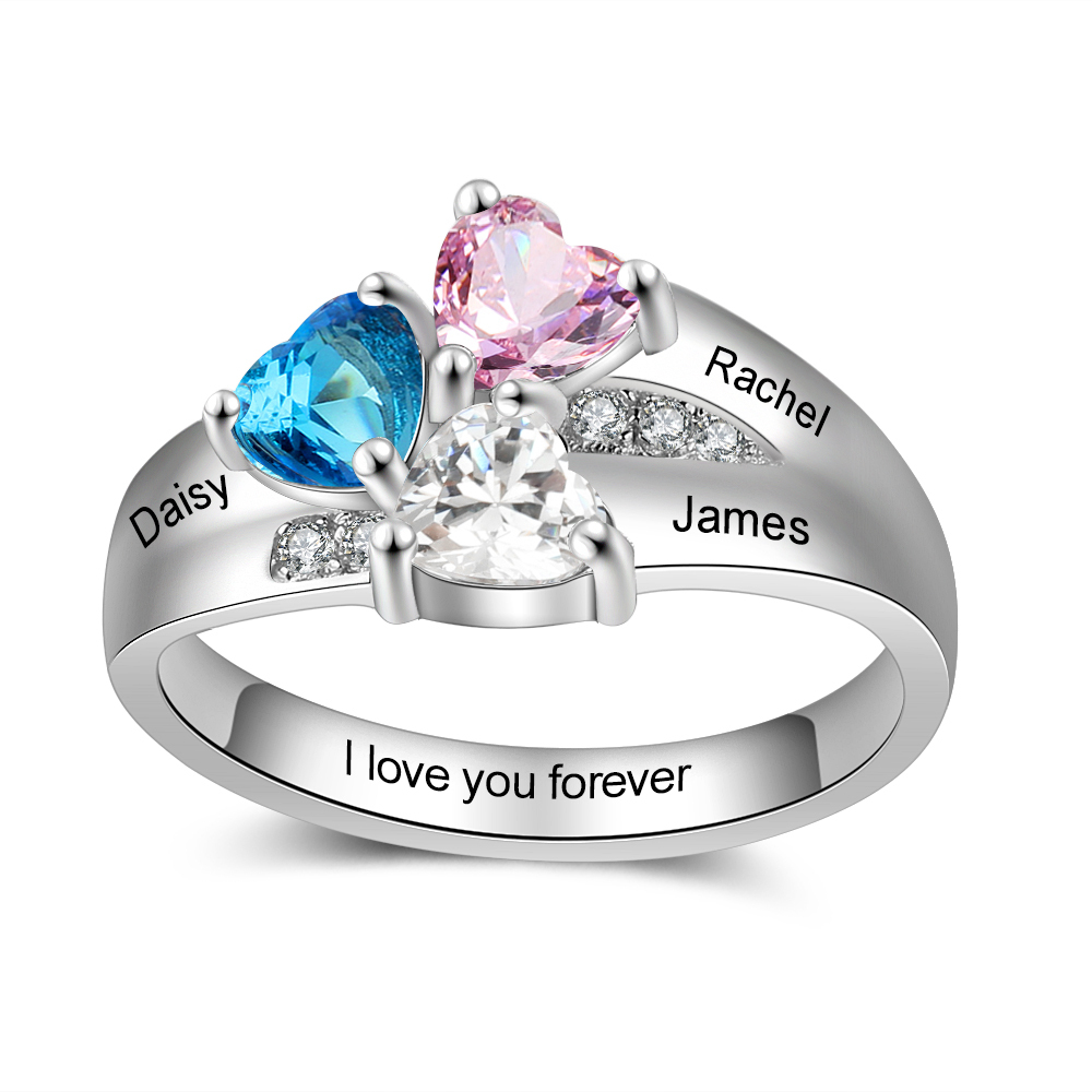 Anello 3 nomi con 3 pietre di nascita in argento 925