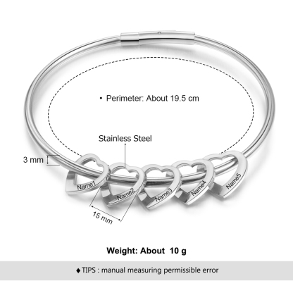 Braccialetto con 5 nomi personalizzati e 5 ciondoli di cuore per donna