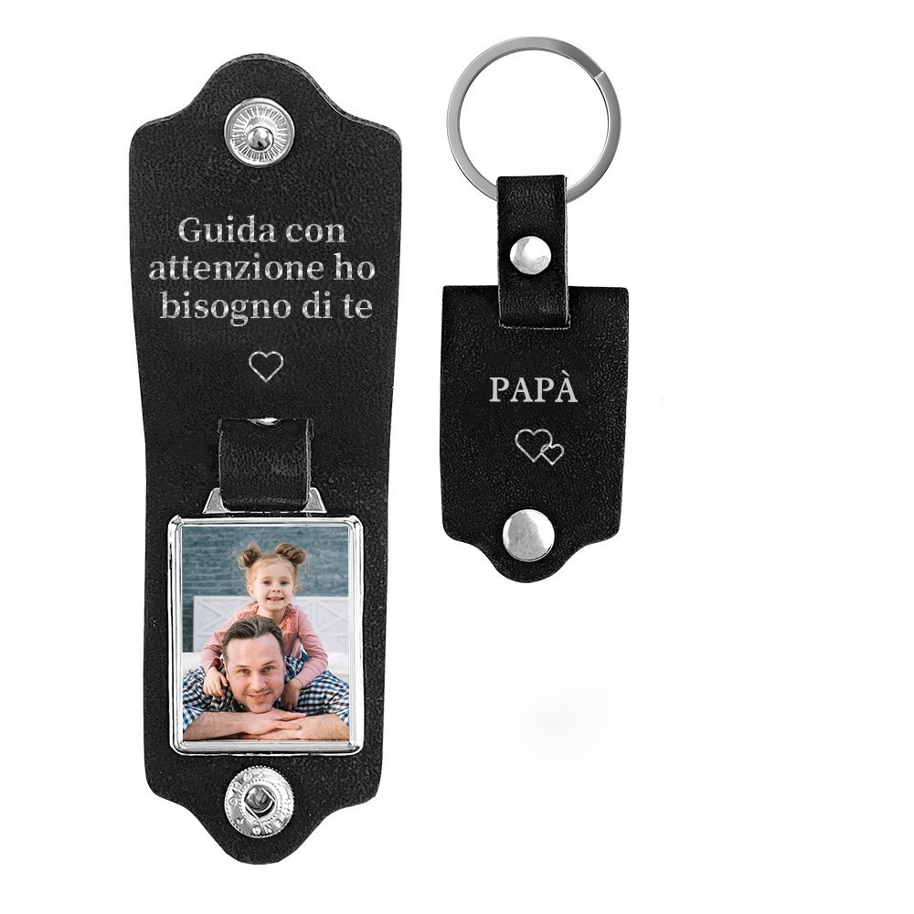 Guida con attenzione-Portachiavi Pelle 1 foto e 1 testo personalizzabili per Papà