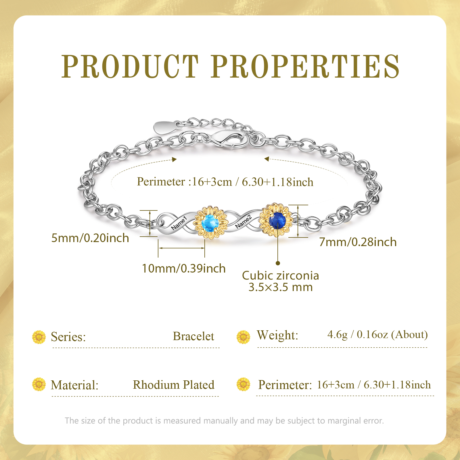 Braccialetto infinito con girasole personalizzato con 2 nomi e 2 pietre di nascita per donna