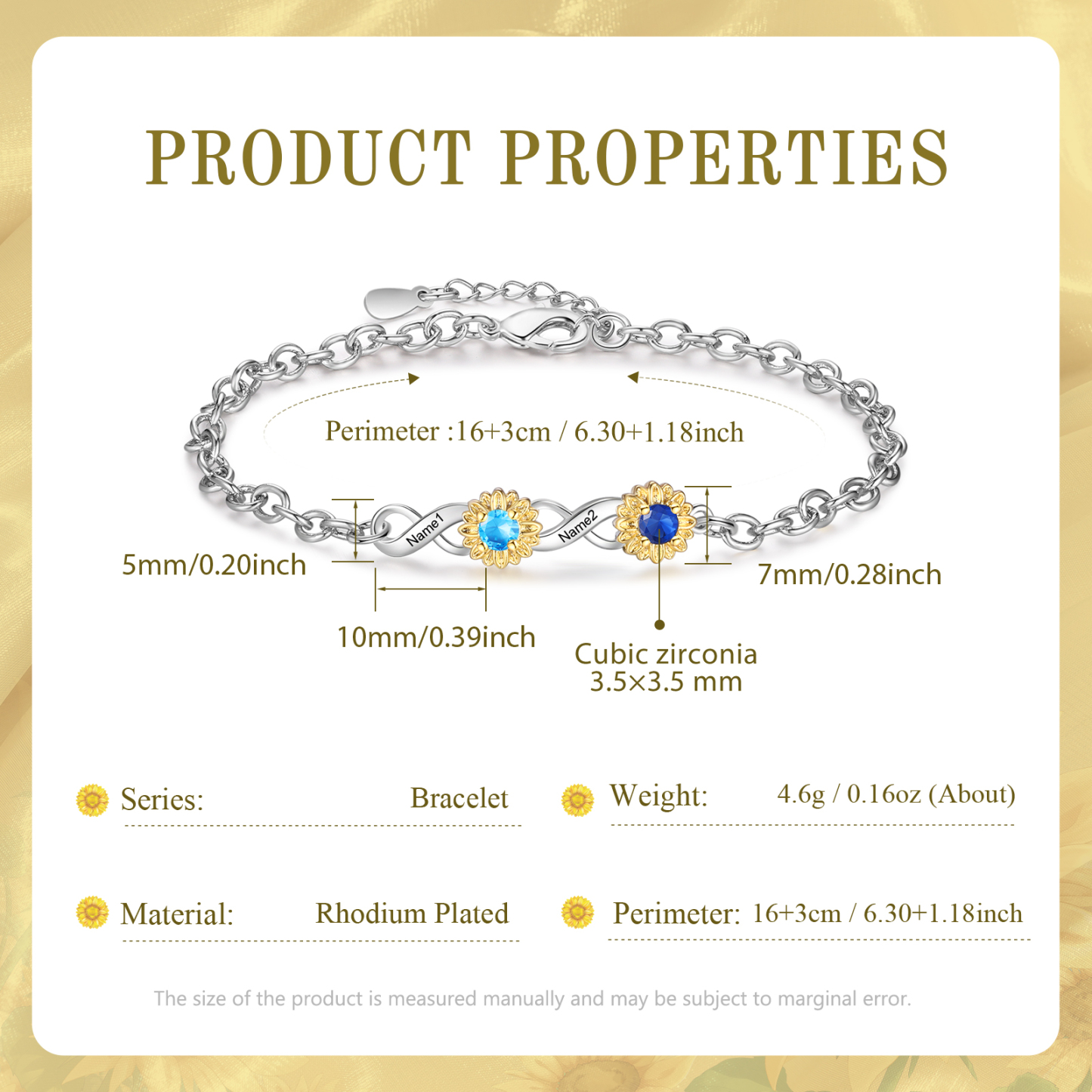 Braccialetto infinito con girasole personalizzato con 2 nomi e 2 pietre di nascita per donna