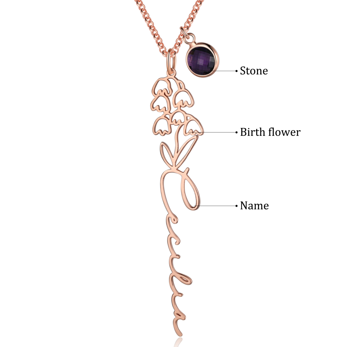 Collana 925 Argento Fiore elegante con 1 pietra di nascita e 1 nome e 1 fiore di nascita personalizzabili per donna