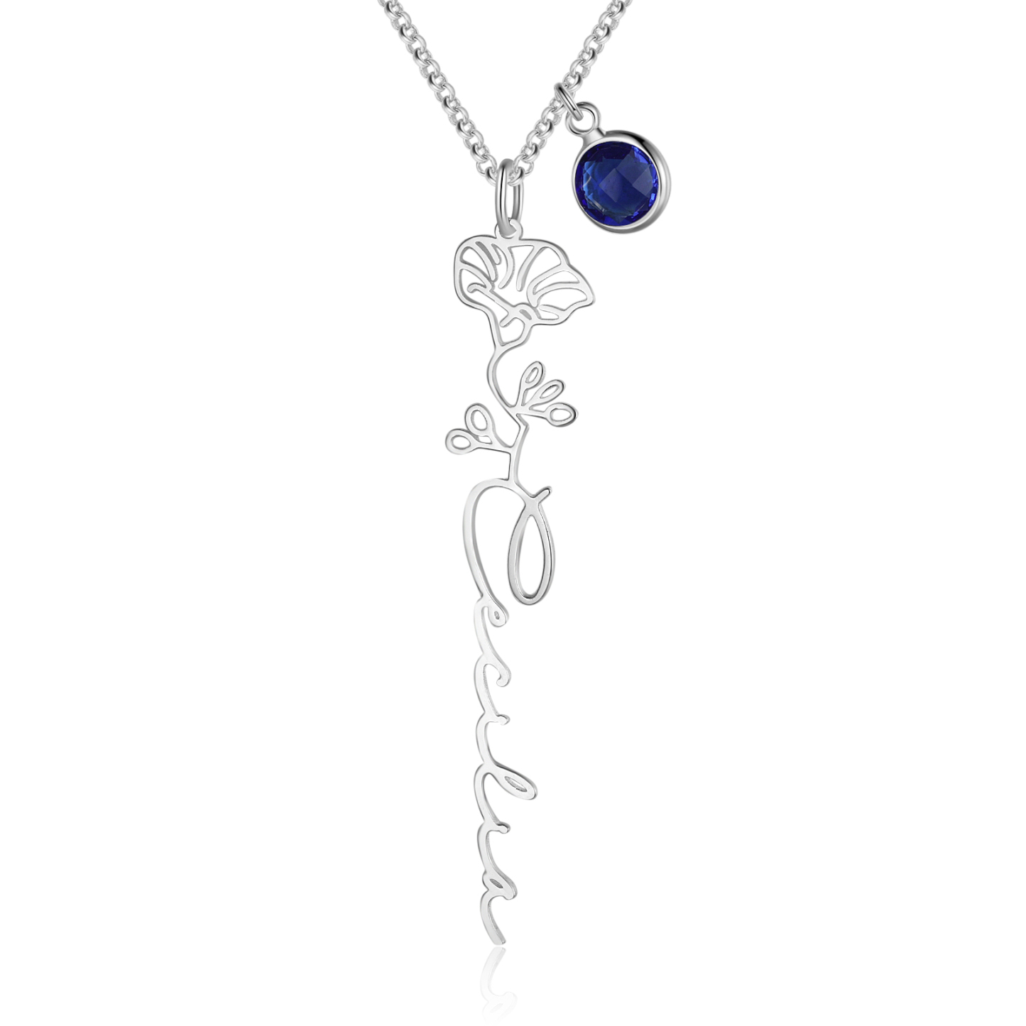 Collana 925 Argento Fiore elegante con 1 pietra di nascita e 1 nome e 1 fiore di nascita personalizzabili per donna