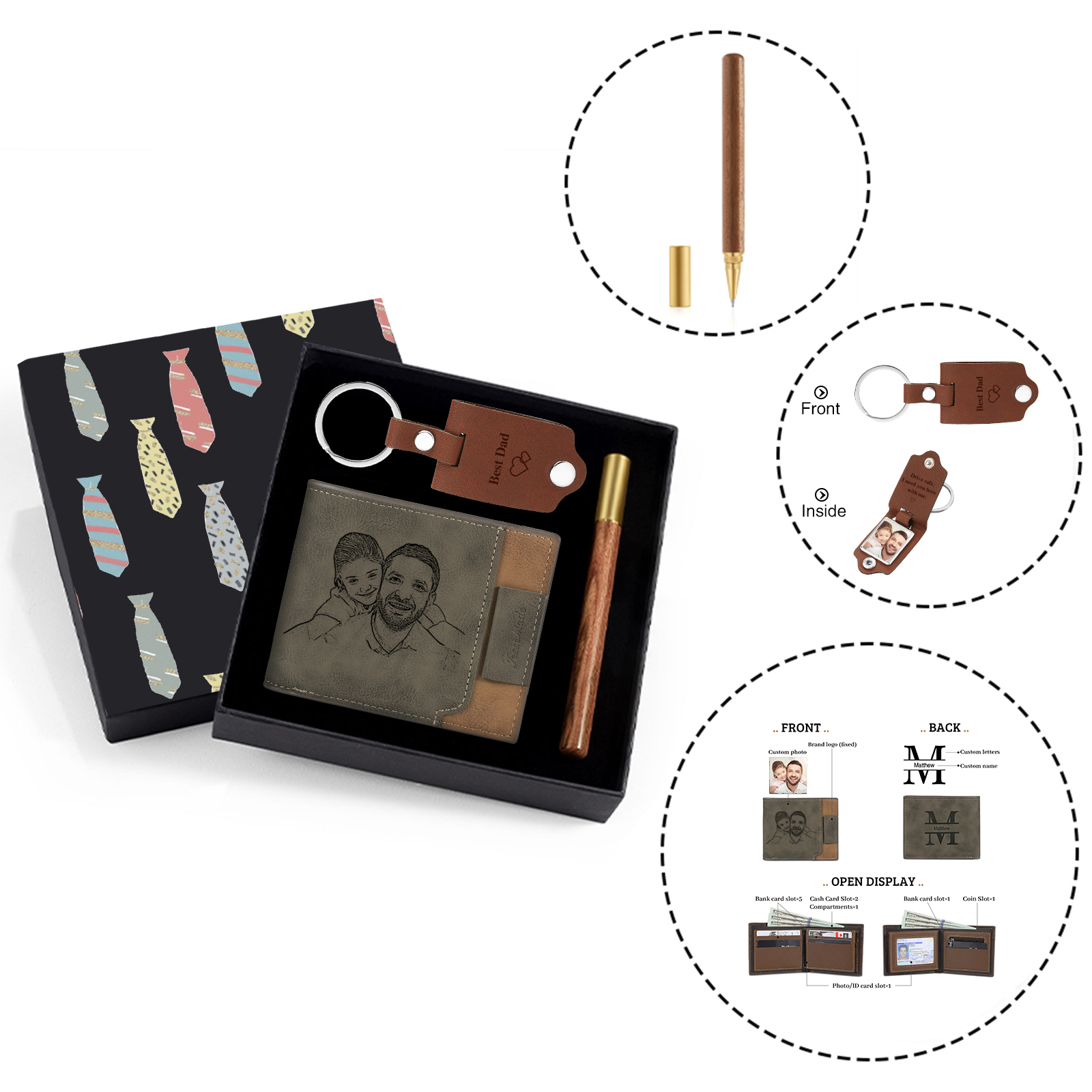Personalized Leather Wallet Gift Box Set with Keychain Customizable Photo,Text ,Name and Letter Wallet Gift for Him