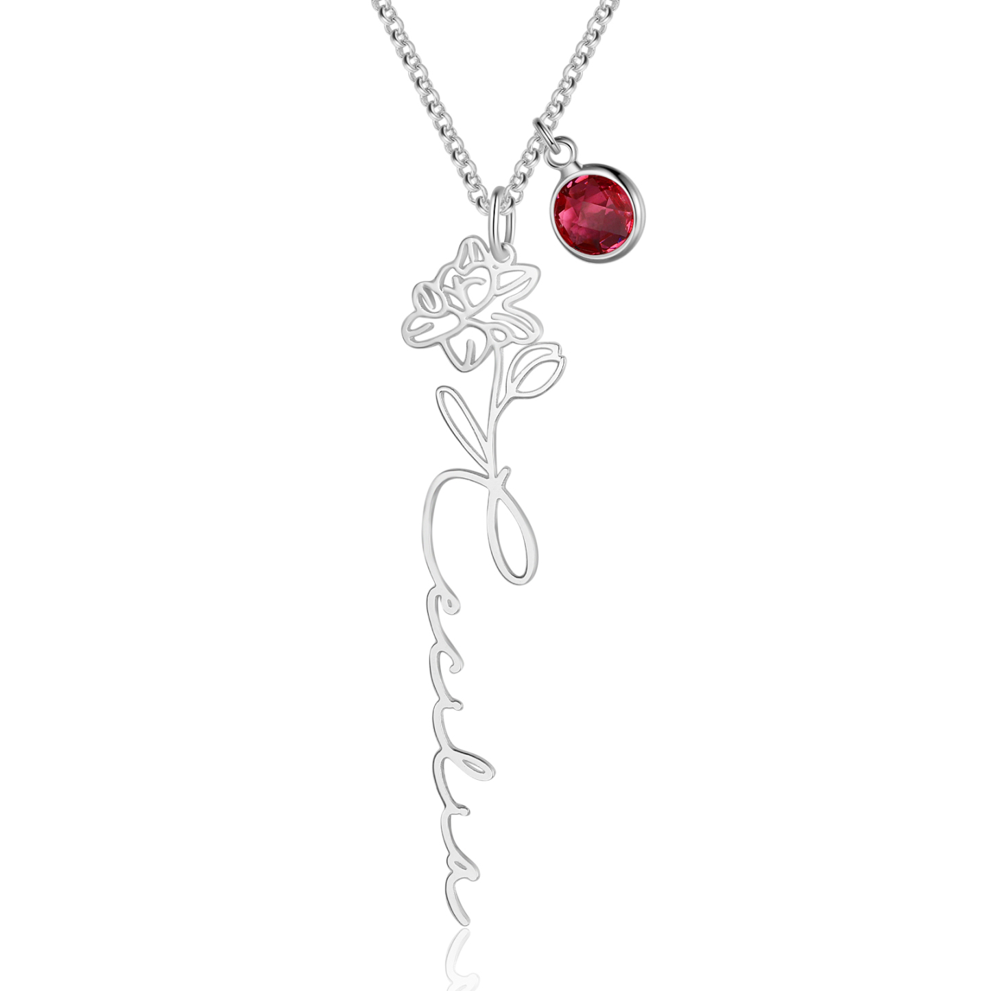 Collana 925 Argento Fiore elegante con 1 pietra di nascita e 1 nome e 1 fiore di nascita personalizzabili per donna