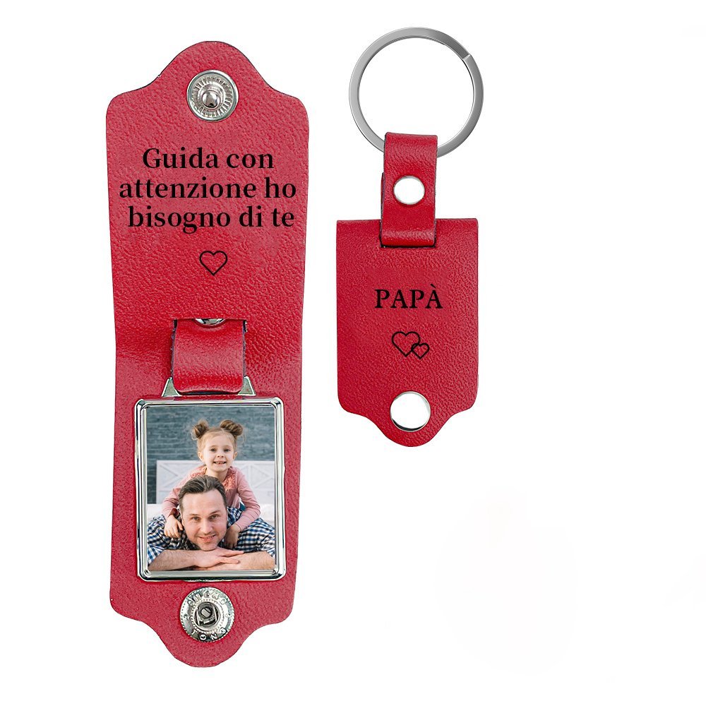 Guida con attenzione-Portachiavi Pelle 1 foto e 1 testo personalizzabili per Papà