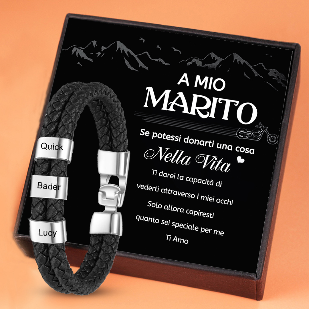 A MIO MARITO Bracciale in pelle 3 incisioni di nomi personalizzabili
